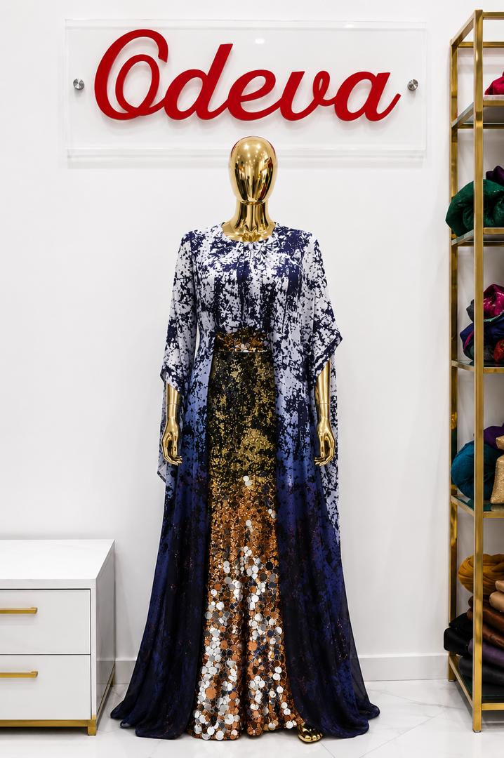 Lycra long gown with big sequence and cape